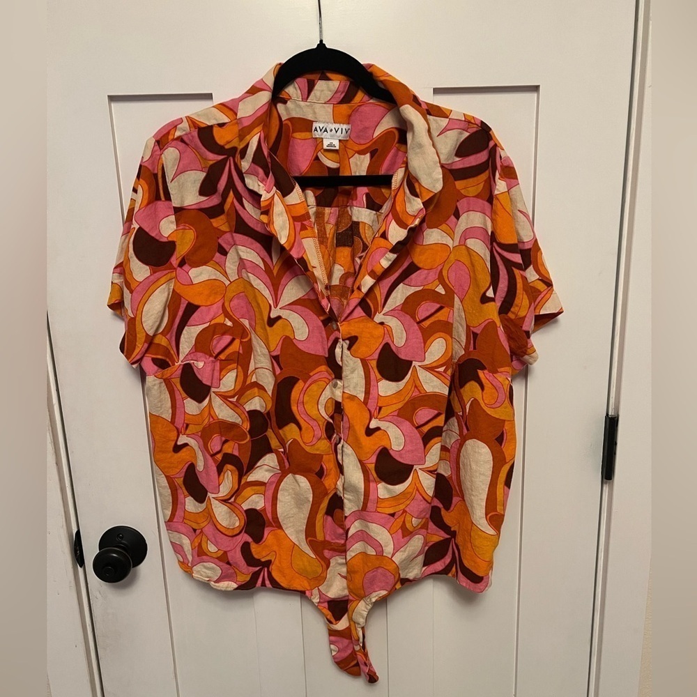 Ava & Viv Linen Blend Psychedelic Top Plus Sz 2X Tie Hem Retro 70s Hippie Groovy - Picture 4 of 9